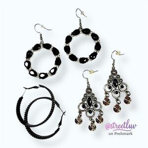 🥳 3/$26 Black Silver Statement Earrings Lot Three Pairs Boutique